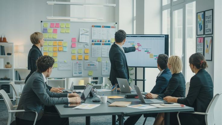 Equipo técnico analizando datos, informes y formularios de proyecto